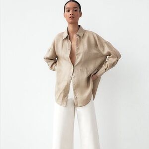 100% Linen Beige/Tan Button-down shirt Zara